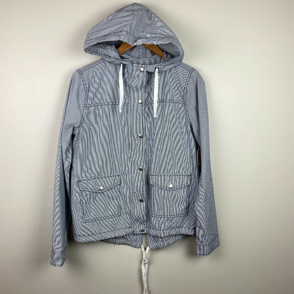 SO Jacket‎ Womens Medium Blue Stripe Field Full Zip Flap Pocket Lightweight New - Picture 1 of 10